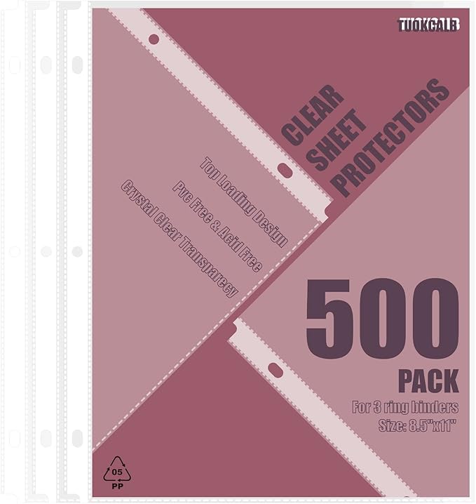 500 Pack Clear Sheet Protectors for 3 Ring Binder, Polypropylene Acid-Free Material, 8.5 x 11 Inch Letter Size, Protector of Your Documents