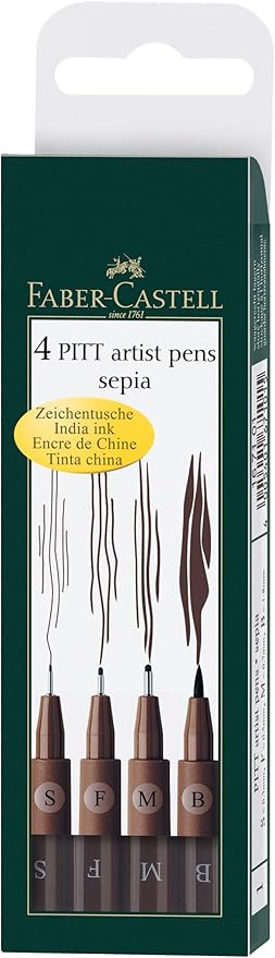 Faber-Castell Art & Graphic Pitt Artist Pen India Ink Pen, Dark Sepia, Wallet Of 4, For Art, Craft, Drawing, Sketching, Home, School, University, Colouring