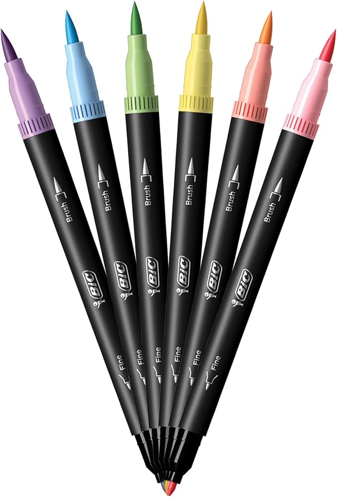 BIC Intensity 2 in 1 Dual Tip Fineliner Pens, Fine Tip (0.7mm) and Flexible Brush (3.7mm), Assorted Pastel Colors, 6-Count Pack