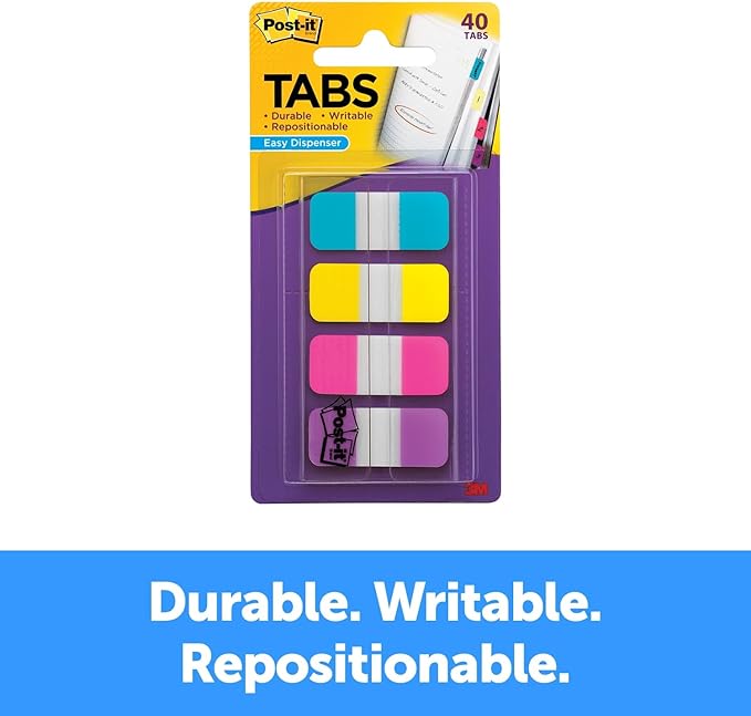 Post-it Tabs, .625 in Solid, Aqua, Yellow, Pink, Violet, 10/Color, 40/Dispenser (676-AYPV) (2 Pack)