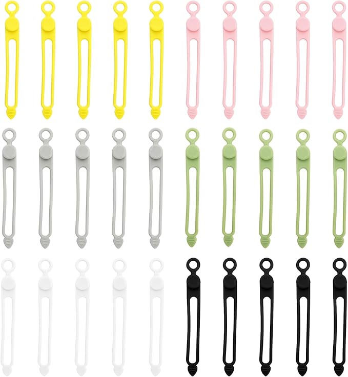 30-Pack Reusable Silicone Cable Ties – Multi-Color Elastic Cord Organizers for Home, Office, Travel & Kitchen Cable Management