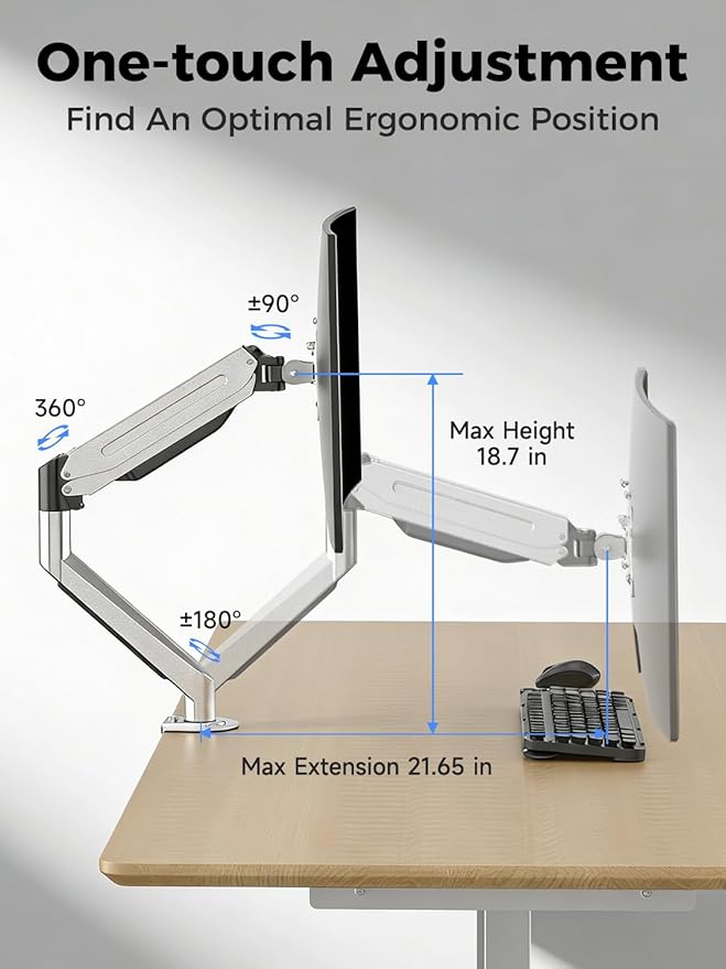 Suptek Monitor Mount Gas Spring Monitor Arm Desk Mount Fully Adjustable Fits 17 20 22 23 24 26 27 32 35 inch Monitors Weight Capacity up to 24.25 lbs (Silver)