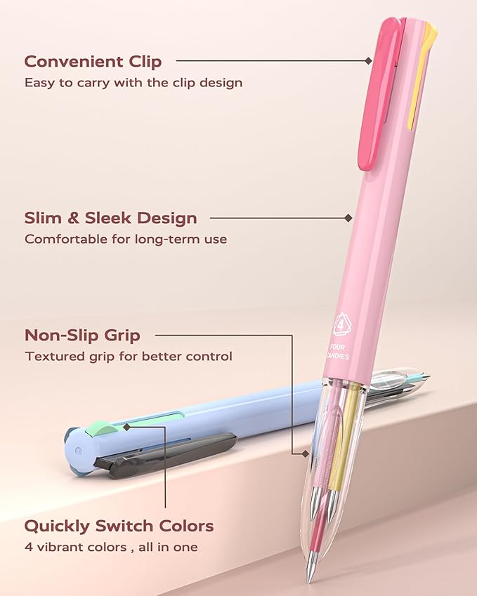 Four Candies Multicolor Pens, 4-in-1 Colored Ballpoint Pen, 0.5mm Quick Dry Black Ink Pens Fine Point Smooth Writing Pens, Cute Nurse Pens for Work, 18 Colors, 6PCS