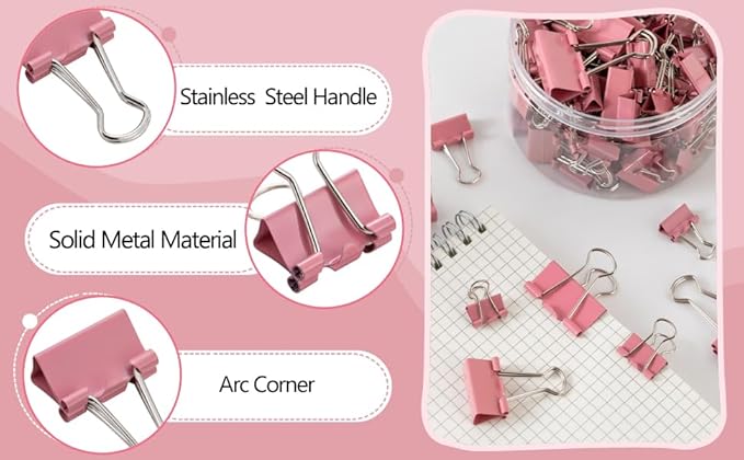 Binder Clip Paper Clamps, Assorted Sizes (Mini, Small, Medium, Large), 100 Pcs Clips for Office School Supplies (Pink)