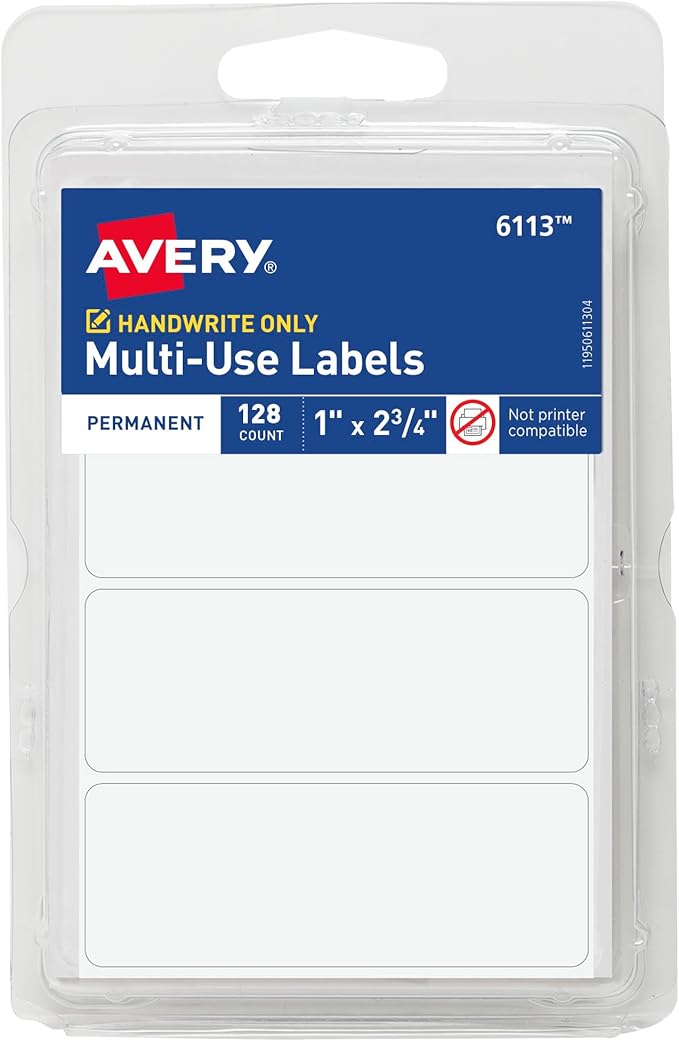 Avery Multi-Use Permanent Labels, 1" x 2.75", White, Non-Printable, 128 Blank Labels Total (6113)