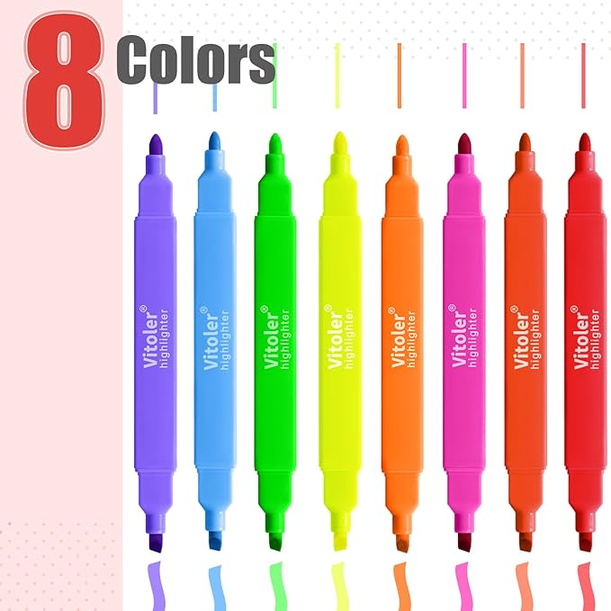 Vitoler Highlighters,8pcs Assorted Colors Highlighters,Chisel & Fine Tips Highlighter Set for Office Supplies