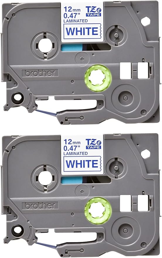Brother Genuine P-Touch 2-Pack TZe-233 Laminated Tape, Blue Print on White Standard Adhesive Laminated Tape for P-Touch Label Makers, Each Roll is 0.47"/12mm (1/2") Wide, 26.2 (8M) Long