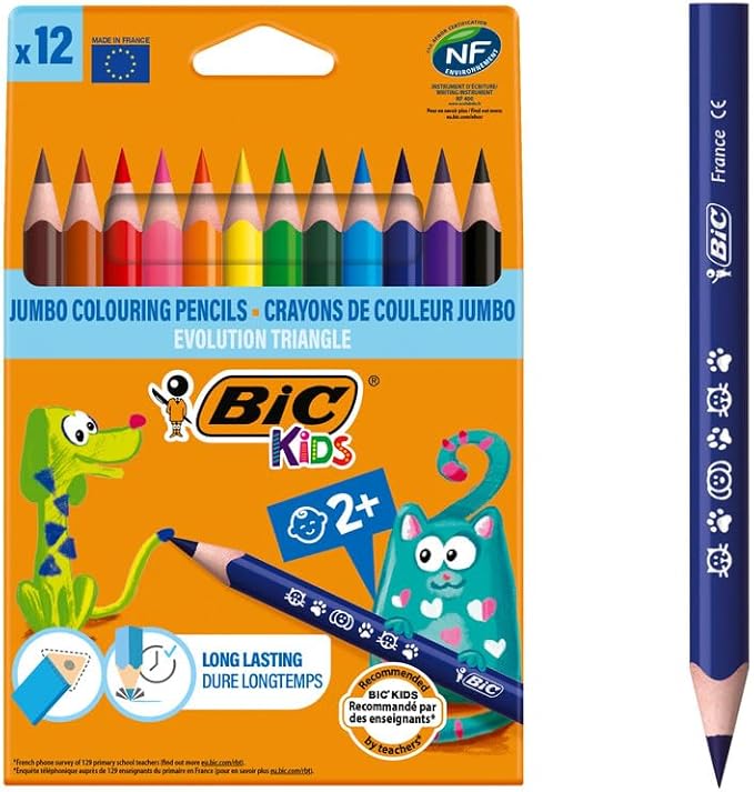 BIC Kids Evolution Triangle Coloured Pencils, Ideal for Small Kids 2 Years and Up, Extra Resistant, 12 Pack