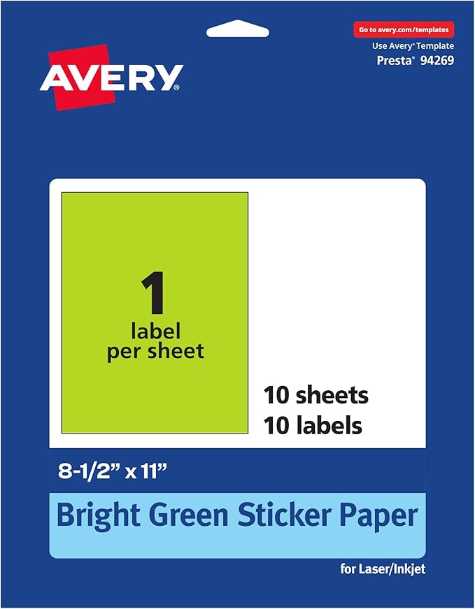 Avery Printable Sticker Paper, 8-1/2" x 11", Full-Sheet Labels, Bright Green Labels, Laser/Inkjet Printable, 10 Total, Great for Packaging and Stickers