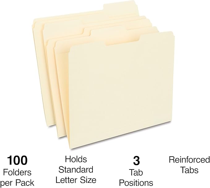 Staples 30% Recycled Reinforced File Folders, Letter Size, 1/3‑Cut Tabs, Manila, Durable Eco‑Friendly Paper Stock, 100/Box
