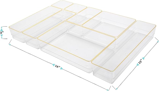 Martha Stewart Kerry Plastic Stackable Office Desk Drawer Organizers, Set of 8, with Gold Trim