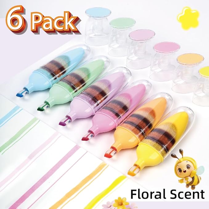 6 Pcs Scented Highlighters Pens,Cute Design Assorted Colors Highlighter Set,Transparent Widen Chisel Tip,Dry-Quickly,No Bleed,Ideal for Office