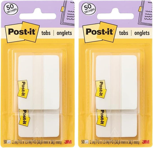Post-it Tabs, 2 in, Solid, White, 25 Tabs/On-The-Go Dispenser, 2 Dispensers/Pack (686F-50WH) (Pack of 2)