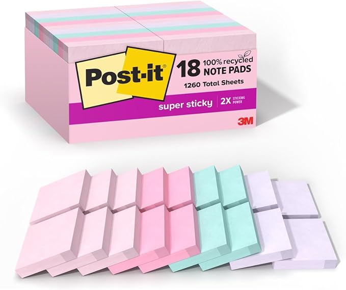Post-it 100% Recycled Paper Super Sticky Notes, 18 Sticky Note Pads, 1 7/8 in. x 1 7/8 in., Wanderlust Pastels Collection, New Year Organization or Second Semester School Supplies