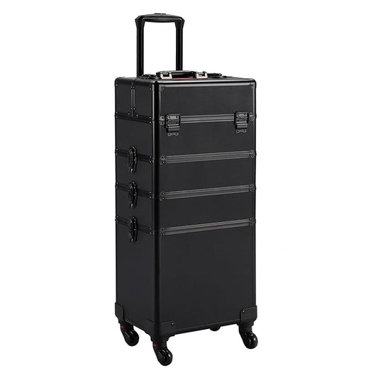 Yaheetech 4 in 1 Professional Makeup Train Case Aluminum Cosmetic Case Rolling Makeup Case Extra Large Trolley Makeup Travel Organizer, with 360° Swivel Wheels, Black