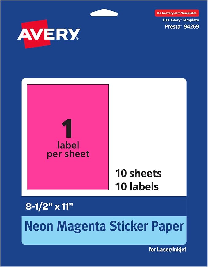 Avery Printable Sticker Paper, 8-1/2" x 11", Full-Sheet Labels, Neon Magenta Labels, Laser/Inkjet Printable, 10 Total, Great for Packaging and Stickers