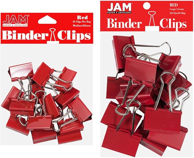 JAM PAPER Colorful Binder Clips Assortment - Medium & Large Size - Red Binderclips - 27 Clips/Pack