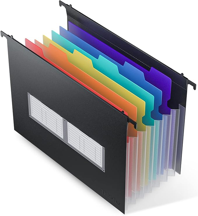 ThinkTex Plastic Expanding Hanging File Folders, 7 Innovative 1.2" Accordion Pockets, Large Capacity, Multi-Color Tabs, Letter Size for File Cabinet - 1-Pack