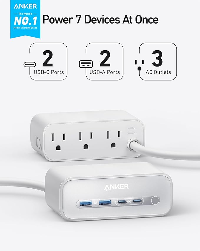 Anker Nano Charging Station(100W Max), 7-in-1 USB C Power Strip for iPhone 16/15/14 and MacBook Air/Pro, 5ft Thin Cord,3AC, 2USB A,2USB C,Power Delivery Desktop Accessory for Home&Office(White)