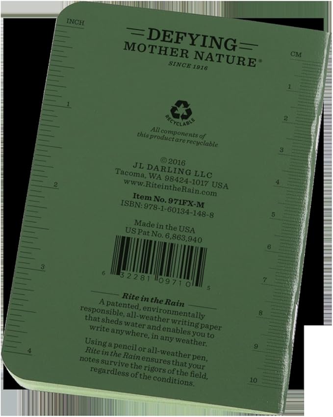 Rite in the Rain Weatherproof Mini Stapled Notebook, 3.25" x 4.625", Green Cover, Universal Pattern, 3 Pack (No. 971FX-M)