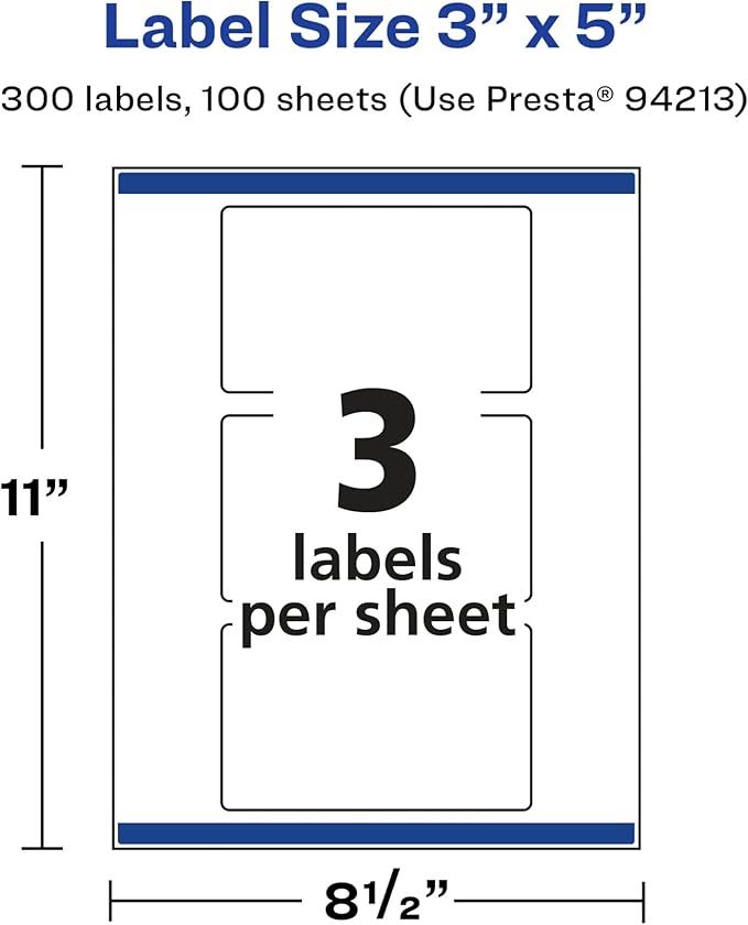 Avery Glossy White Rectangle Labels, Sure Feed Technology, 3" x 5", 300 Glossy White Labels, Print-to-The-Edge, Permanent Adhesive, Laser/Inkjet Printable