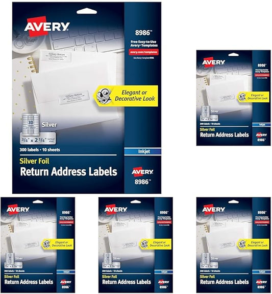 Avery Printable Return Address Labels, 0.75" x 2.25", Silver Foil, 300 Blank Mailing Labels (08986) (Pack of 5)