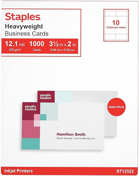 Staples Inkjet Business Cards, Matte White, 3.5 x 2 Inch, Heavyweight Cardstock, Printable Business Card Paper, Compatible with Inkjet Printers and Avery Templates, 1000 Cards
