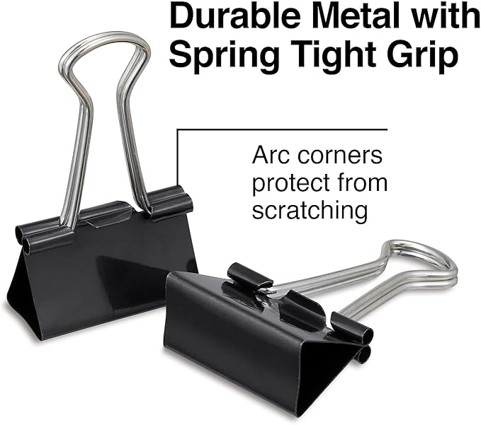 Staples Binder Clips - Black Steel, 0.63" Capacity, Small Office Paper Clips, Pack of 144