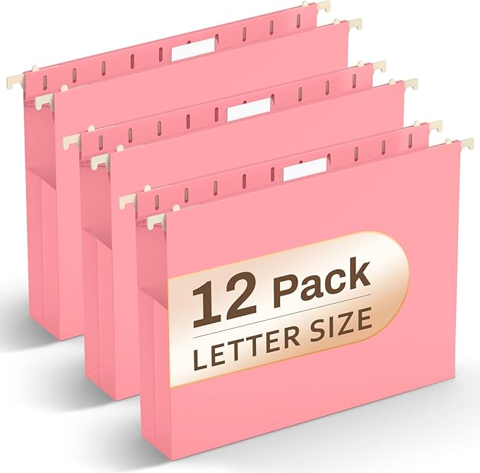 Hanging File Folders Letter Size, Hanging Files Folders Pink for Filing Cabinet,12 Pack Plastic Hanging Folder, Extra Capacity Pockets, Heavy Duty Hang Folder with 1/5-Cut Tabs, Coral Pink