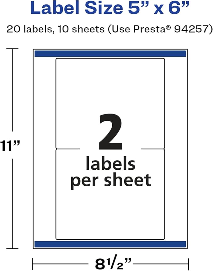 Avery Glossy White Rectangle Labels, Sure Feed Technology, 5" x 6", 20 Glossy White Labels, Permanent Adhesive, Laser/Inkjet Printable