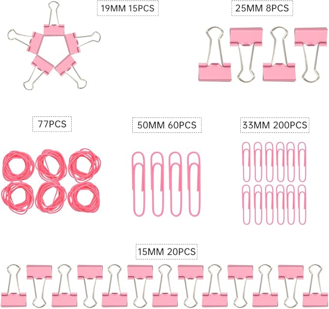 Pink Binder Clips Paper Clips,380 PCS Assorted Sizes Paperclips Paper Clamps Rubber Bands for Files, Papers, Home Supplies (Pink)