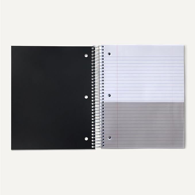 Amazon Basics Wide Ruled Spiral Notebook, Poly Cover, 5 Subject, For Work and School, 200 Sheets, 8.5" x 10.5", Black, 1-Pack