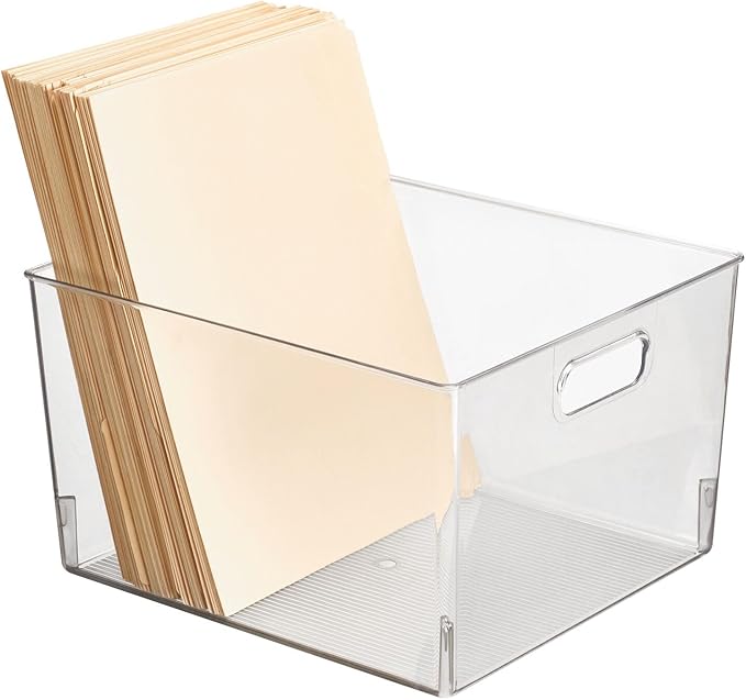 mDesign Large Plastic Office Storage Organizer Container Bin with Handles - Basket for Cabinet, Cupboard, Desk, Closet and Shelf Organization - Holds Notebook, Books, Files, Ligne Collection - Clear
