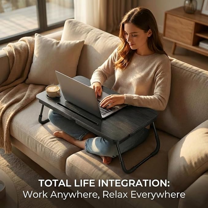 BUYIFY Foldable Laptop Bed Desk for Couch, Sofa - Large Lap Desk Tray Table with Cup Holder and Tablet Slot - Portable Notebook Stand for Eating, Writing, Studying and WFH (Black)- USA Original Patent