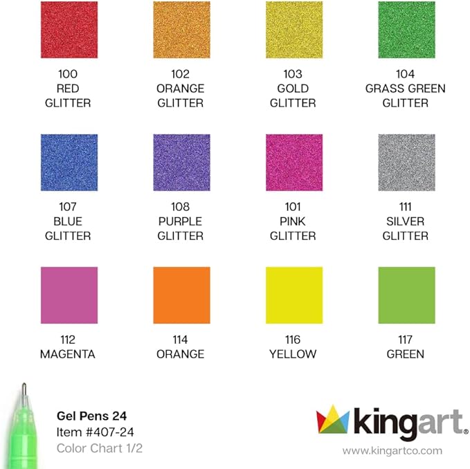 KINGART 24 Gel Pens Set: Glitter, Metallic & Pastel Colors for Adult Coloring Books, Journaling, Scrapbooking & DIY Crafts