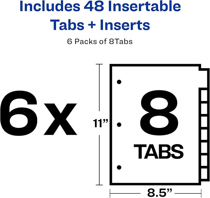 Avery 8-Tab Binder Dividers for School, Medical Office Supply, or Home Organization, Insertable Multicolor Big Tabs, 6 Sets (11111)
