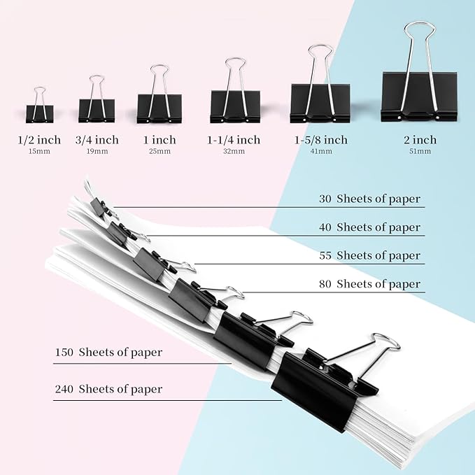 Medium Binder Clips, 36 Pack, 1-1/4 Inch, 1.25 Inch, Standard 32mm, Black, Capacity 0.6 Inch, Fold Clamp, Paper Clips, Office and School Supplies