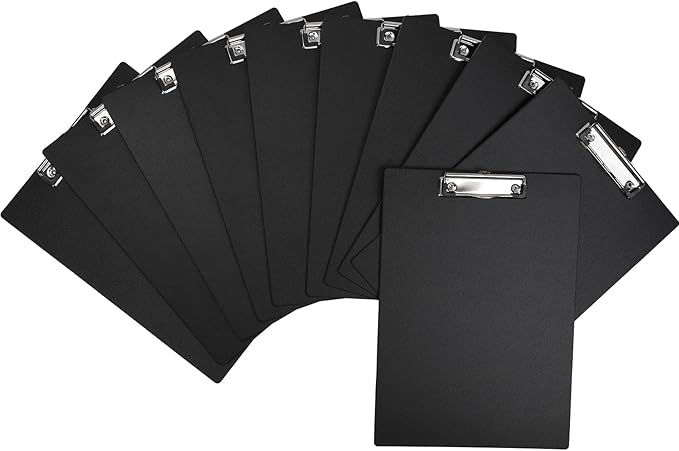 BOMKEE Black Clipboard, 10 Pack A4 Letter Size Clipboard Plastic Clipboards with Low Profile Metal Clip and Hanging Hole for Office and Home