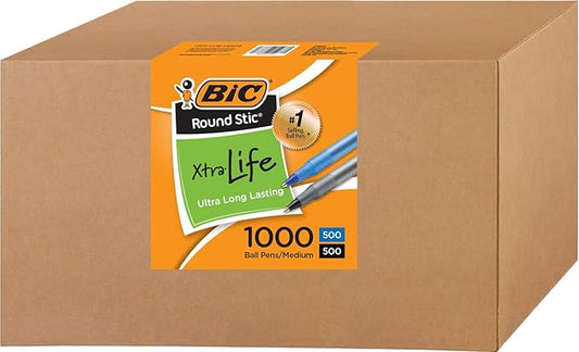 BIC Round Stic Xtra Life Ballpoint Pen, Medium Point 1.0 mm, 500 Black & 500 Blue Ink Pens, Bulk Pack of 1000