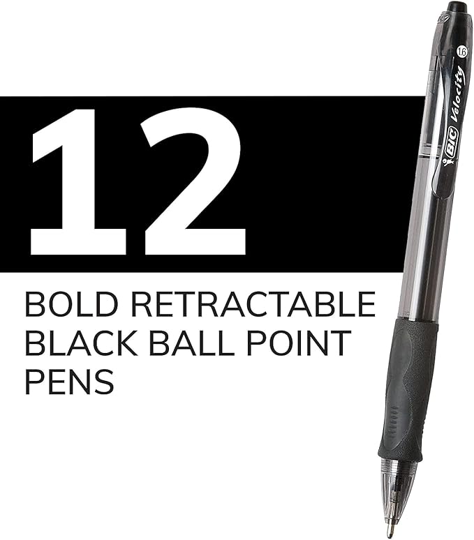 BIC VLGB11BK Velocity Retractable Ballpoint Pen, Black Ink, 1.6mm, Bold, Dozen