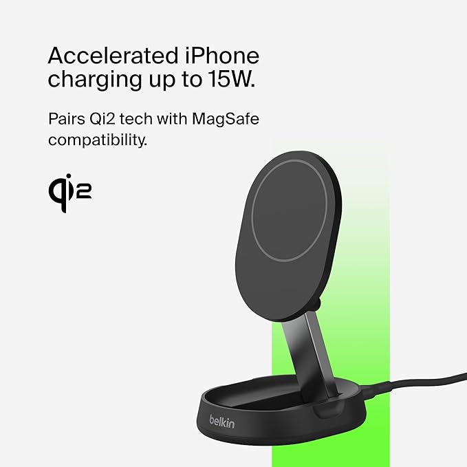 Belkin Convertible Magnetic Charging Stand 15W - MagSafe-Compatible Qi2-Certified Wireless Charging Station, iPhone Charger for Apple iPhone 16 Series, Airpods Pro, & More - Black (No PSU Included)