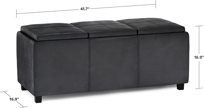SIMPLIHOME Avalon Storage Ottoman - 42 inch Wide Upholstered Vegan Leather Rectangular Flip-Top Ottoman in Distressed Black, Contemporary Coffee Table Ottoman for Living Room with Hidden Storage