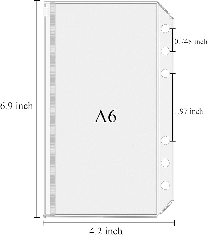Antner 12pcs A6 Size Binder Pockets 6 Holes Budget Cash Envelopes for Budgeting, Clear Zipper Folders Loose Leaf Bags for A6 6-Ring Budget Binder, Waterproof PVC Document Pouch Filing Bags (Pack of 2)