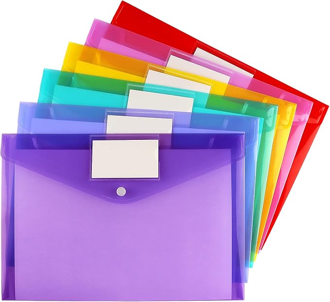 6 Pack Clear Document Folders Plastic Envelopes Poly Envelopes File Envelopes with Label Pocket and Snap Button for Home Work Office Organization, Letter Size/A4 Size, 6 Colors