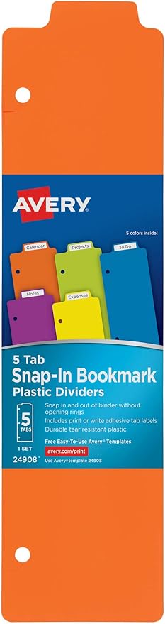Avery Snap-in Bookmark Plastic Dividers for 3 Ring Binders, 5-Tab Set, Multicolor with White Labels, 1 Set (24908)