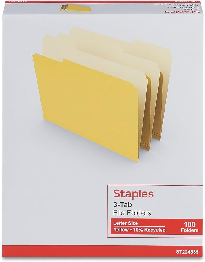Staples File Folders, Letter Size, 1/3‑Cut Tabs, Assorted Positions, Yellow, Durable Paper Stock, 100/Pack