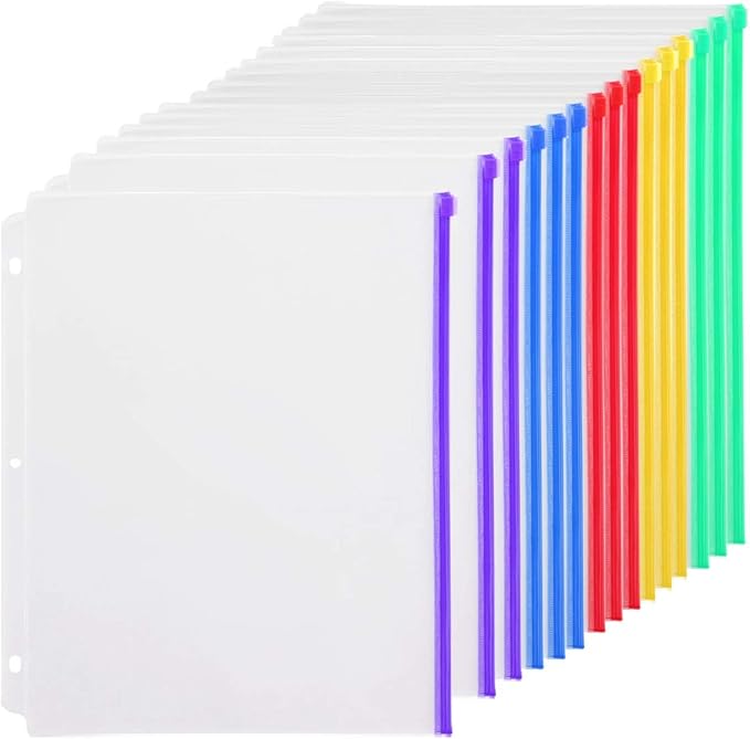 YoeeJob 3 Holes Clear Zipper Binder Pocket Insert Pages Letter Size, 8 1/2 x 11 Loose Leaf Binder Filing Storage Bags 15 Per Pack，Multi-Color
