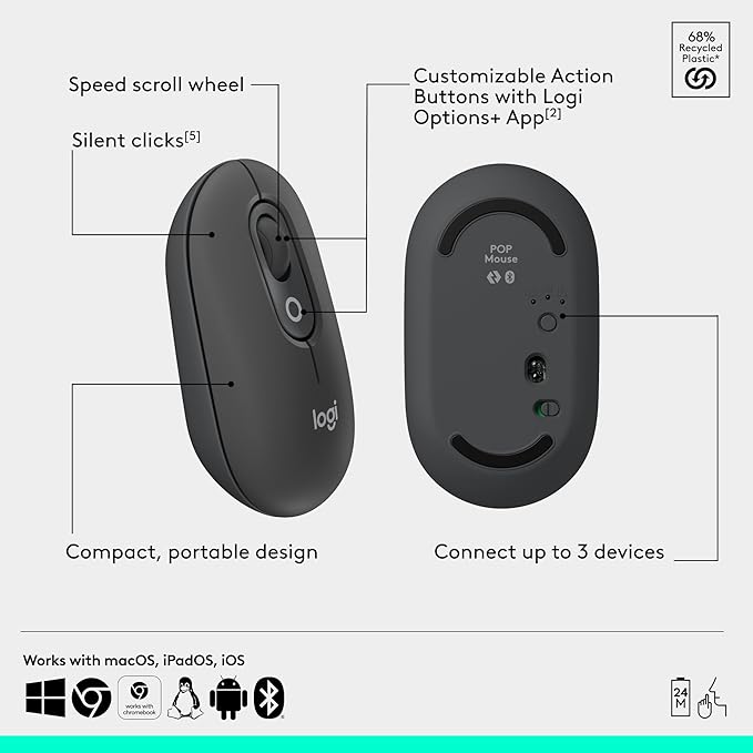 Logitech POP ICON Combo, Bluetooth Keyboard and Mouse Combo, Comfortable Typing, programmable Keys and Buttons, Quiet clicks, Easy-Switch up to 3 Devices - Graphite and Lime