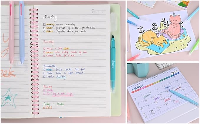 Dual Tip Aesthetic Highlighters 8 Colors and 2 Pcs 3 in 1 Multicolor Gel Pens 6 Colors Ink, Chisel & Fine Tips, No Bleed, Cute Bible Highlighters Assorted Colors for Journaling Textbook