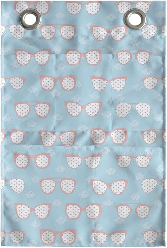 Ambesonne Pastel Hanging Pocket Organizer, Eyeglasses on a Background of Mini-Clouds, Printed Polyester Storage Bag with Pockets, 14" x 20", Blue Blush
